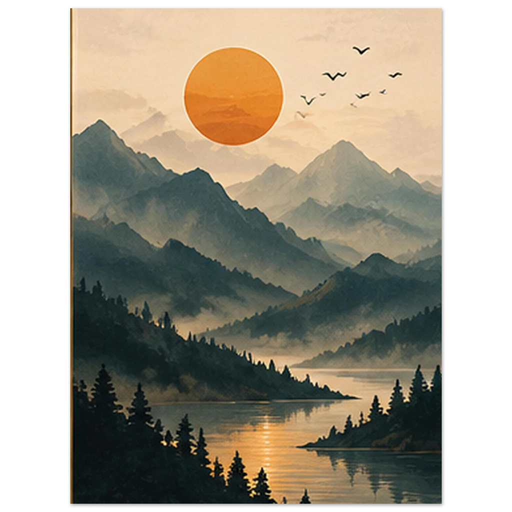 Layered mountain peaks, golden sun and peaceful lake by SHUBHNAM