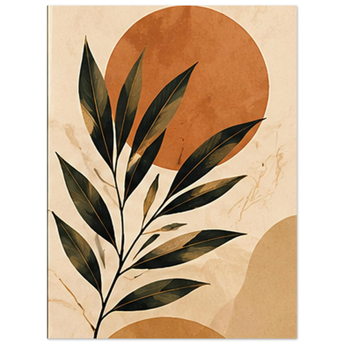 Dark botanical leaves with a terracotta sun on a neutral background by SHUBHNAM