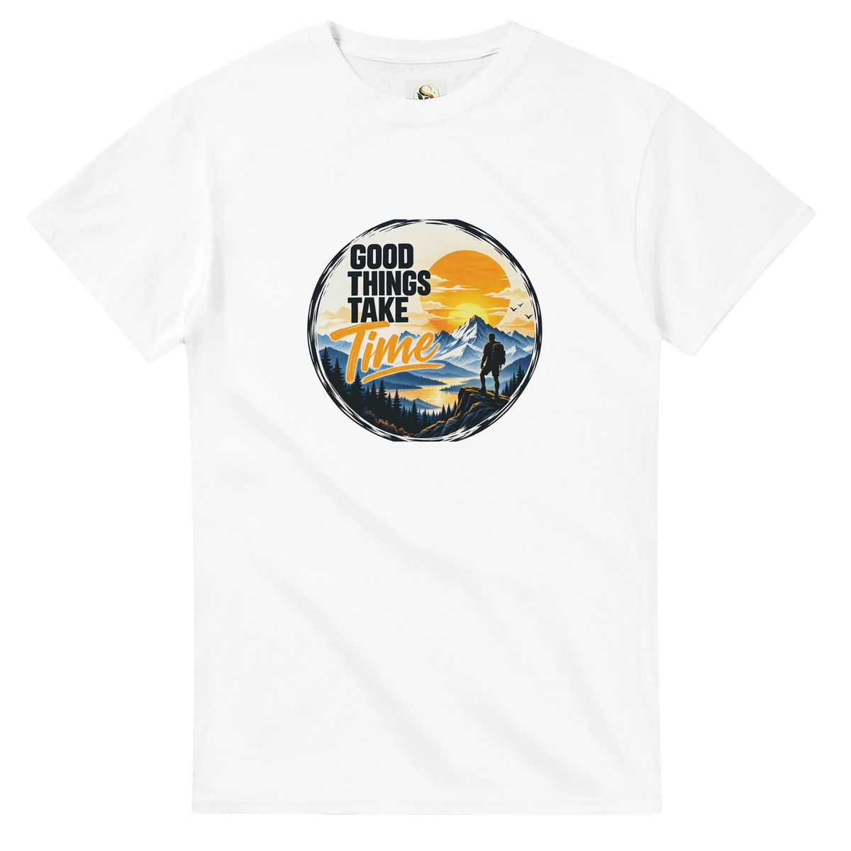 Good Things Take Time unisex graphic T-shirt with mountain, sunset and explorer artwork by SHUBHNAM