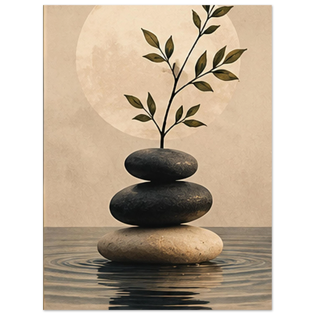 Balanced smooth stones and leafy branch above calm water by SHUBHNAM