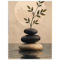 Balanced smooth stones and leafy branch above calm water by SHUBHNAM