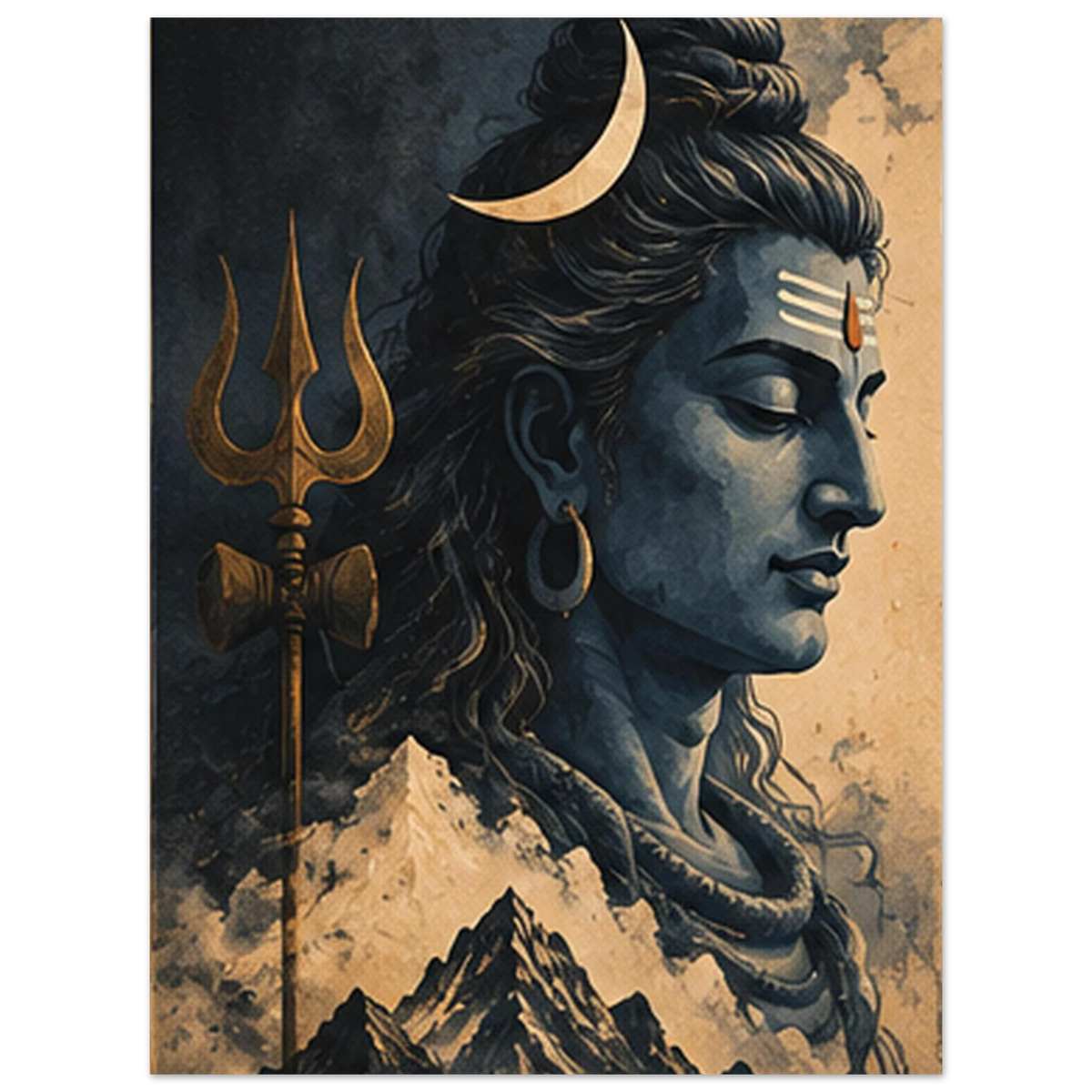Shiva portrait with crescent moon, trident and Himalayan mountains by SHUBHNAM