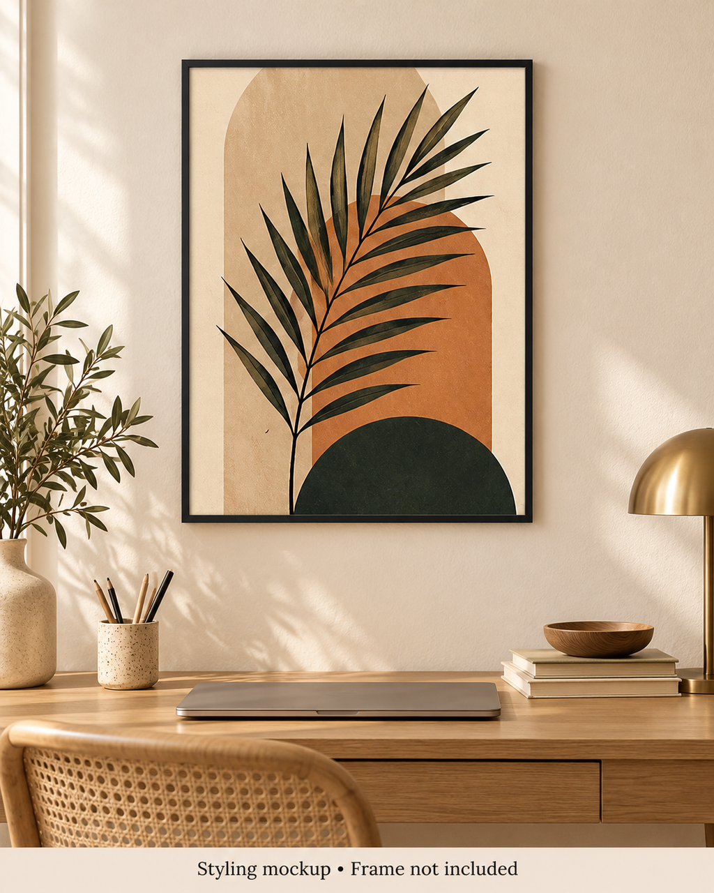 Abstract Palm Leaf Wall Art Poster room styling mockup; frame and accessories not included.