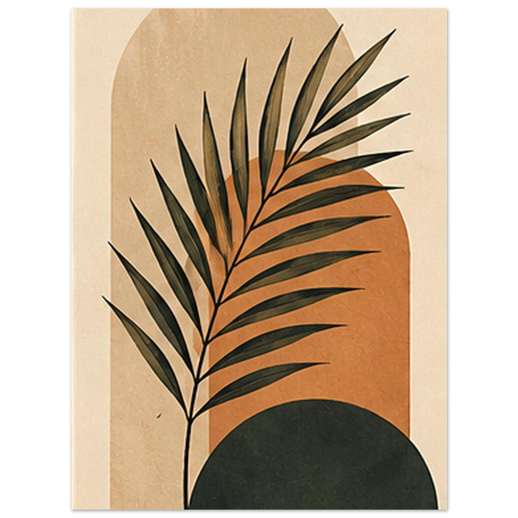 Palm leaf over terracotta, olive and neutral geometric shapes by SHUBHNAM