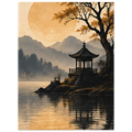 Lakeside pagoda beneath an autumn tree with misty mountains by SHUBHNAM