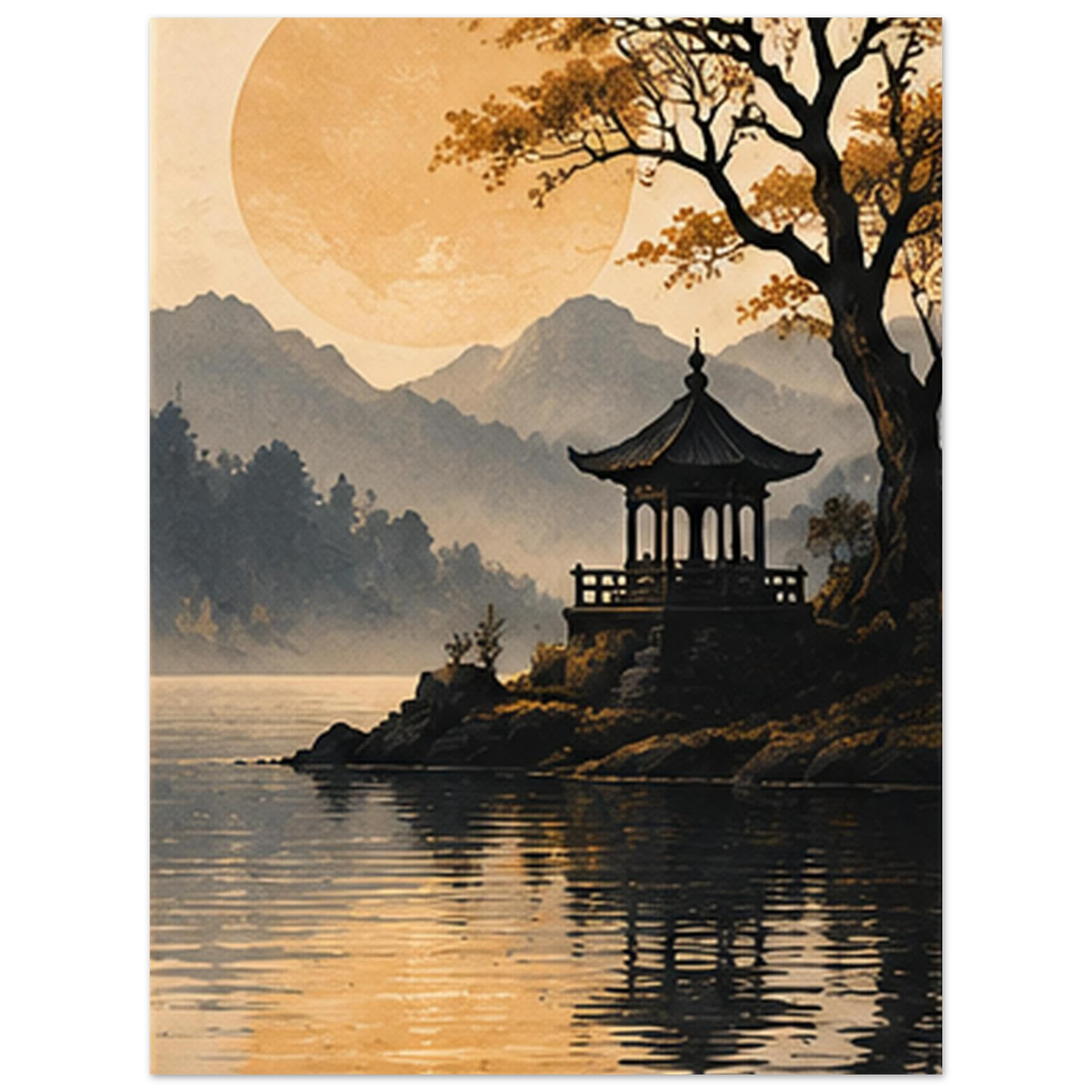 Lakeside pagoda beneath an autumn tree with misty mountains by SHUBHNAM