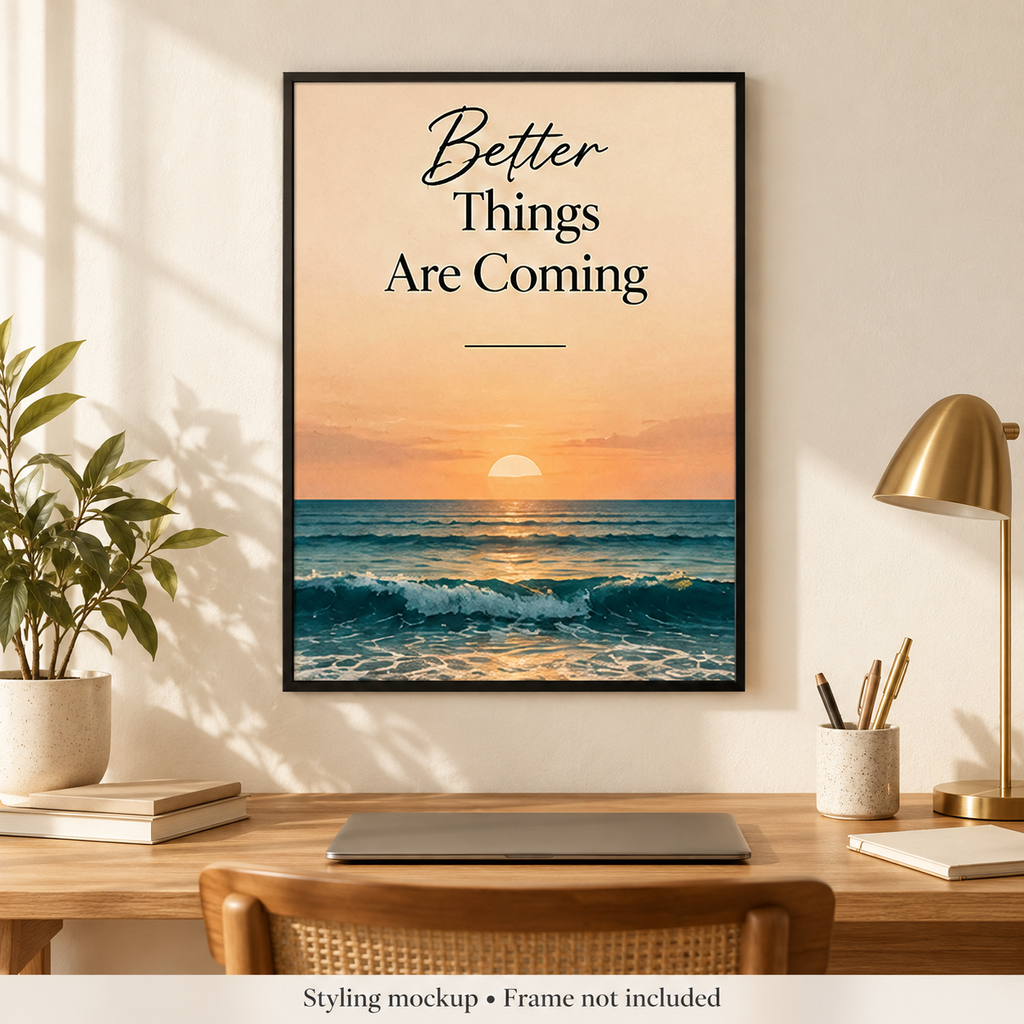 Better Things Are Coming Ocean Quote Poster room styling mockup; frame and accessories not included.