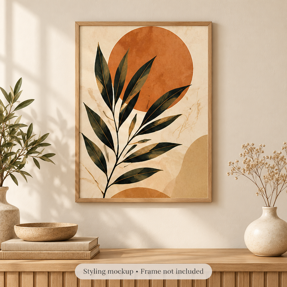 Botanical Sun Terracotta Wall Art Poster room styling mockup; frame and accessories not included.