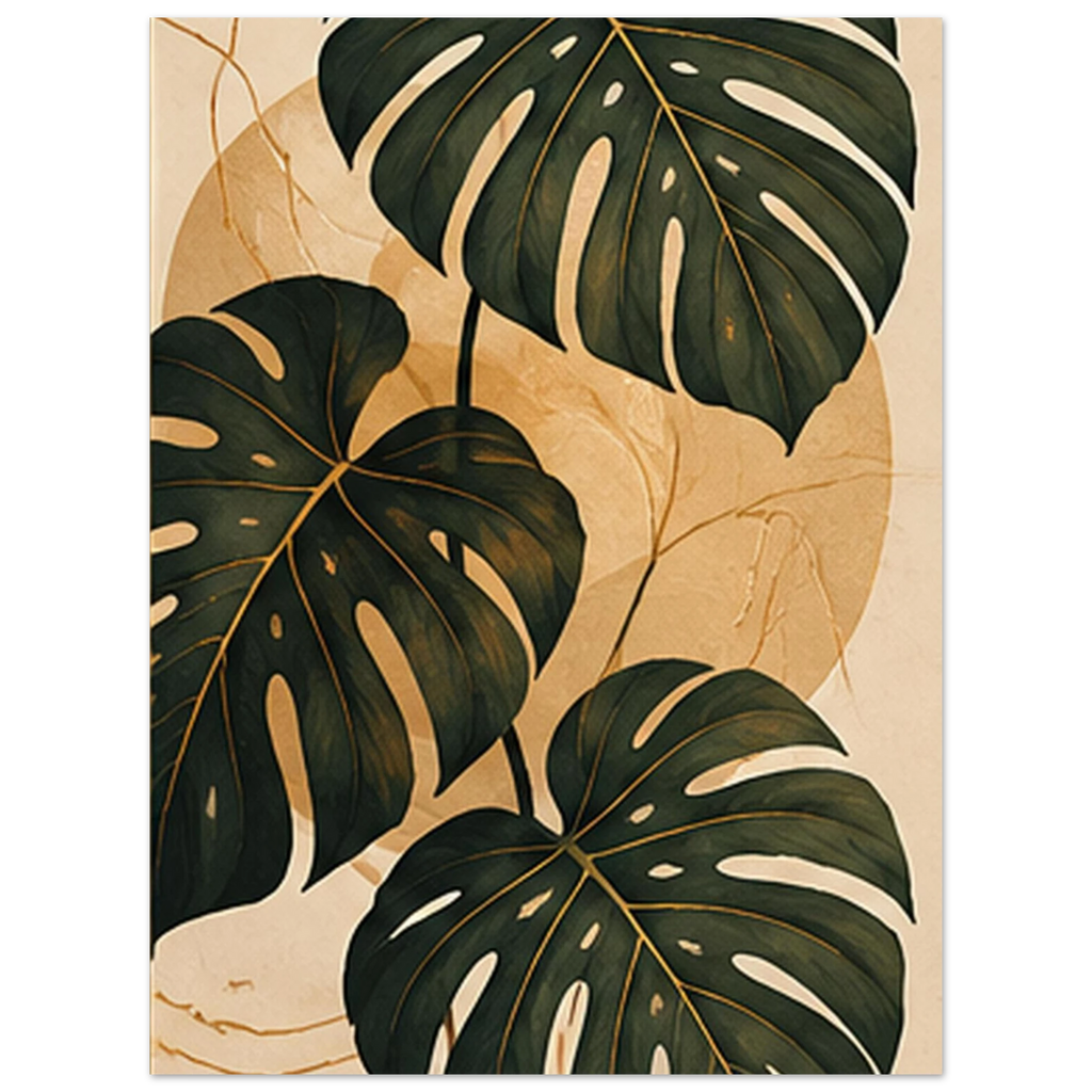 Deep olive Monstera leaves on a textured golden background by SHUBHNAM