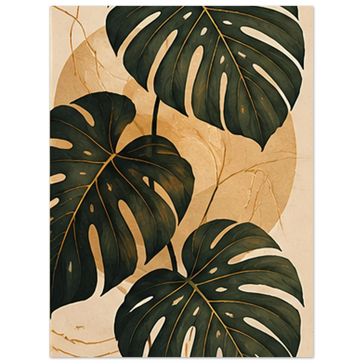 Deep olive Monstera leaves on a textured golden background by SHUBHNAM
