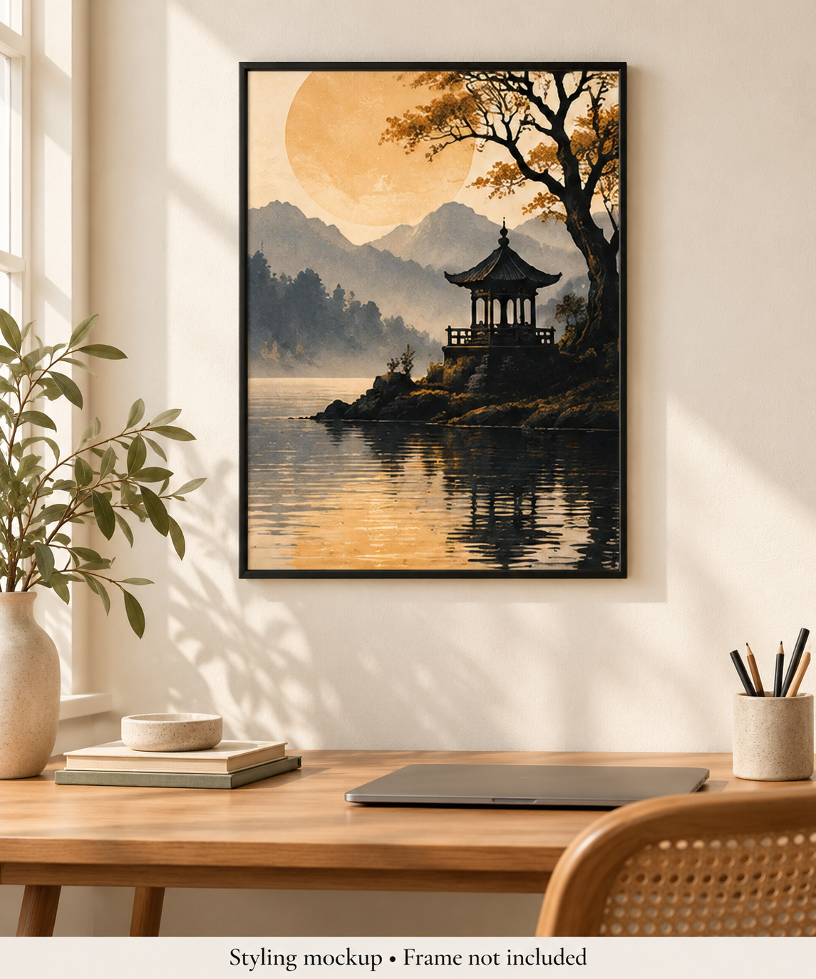 Lakeside Pagoda Landscape Wall Art Poster room styling mockup; frame and accessories not included.