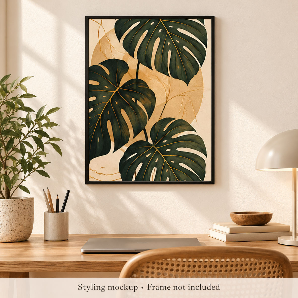 Monstera Leaves Botanical Wall Art Poster room styling mockup; frame and accessories not included.