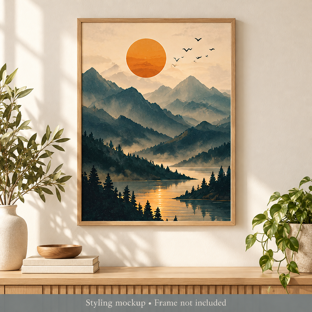 Mountain Sunset Landscape Wall Art Poster room styling mockup; frame and accessories not included.