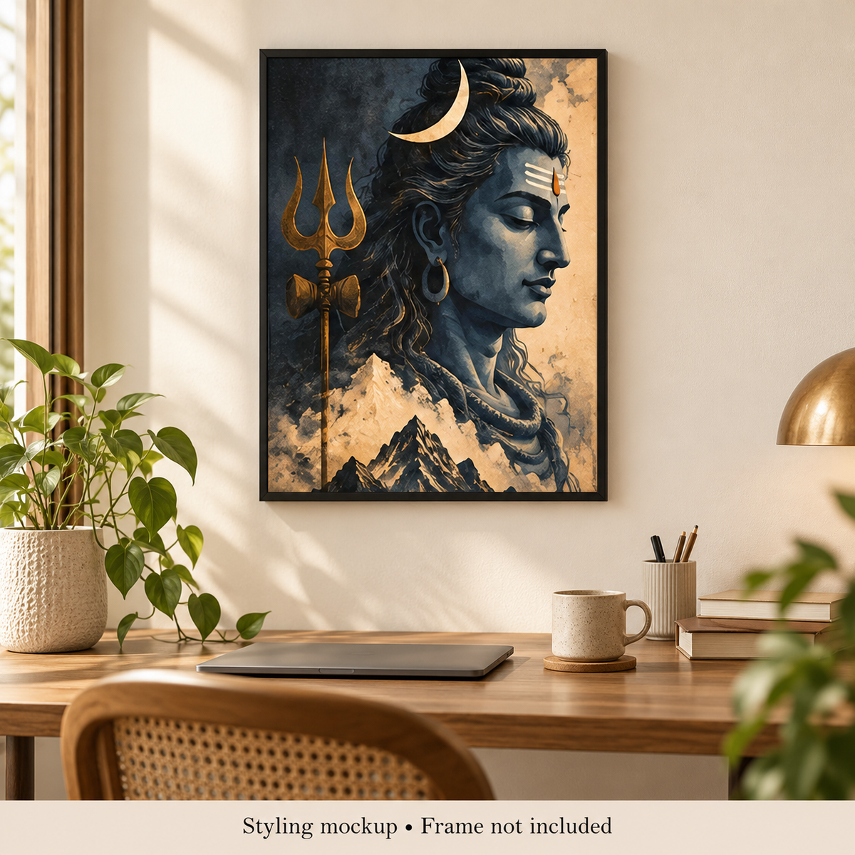 Shiva Himalayan Meditation Wall Art Poster room styling mockup; frame and accessories not included.