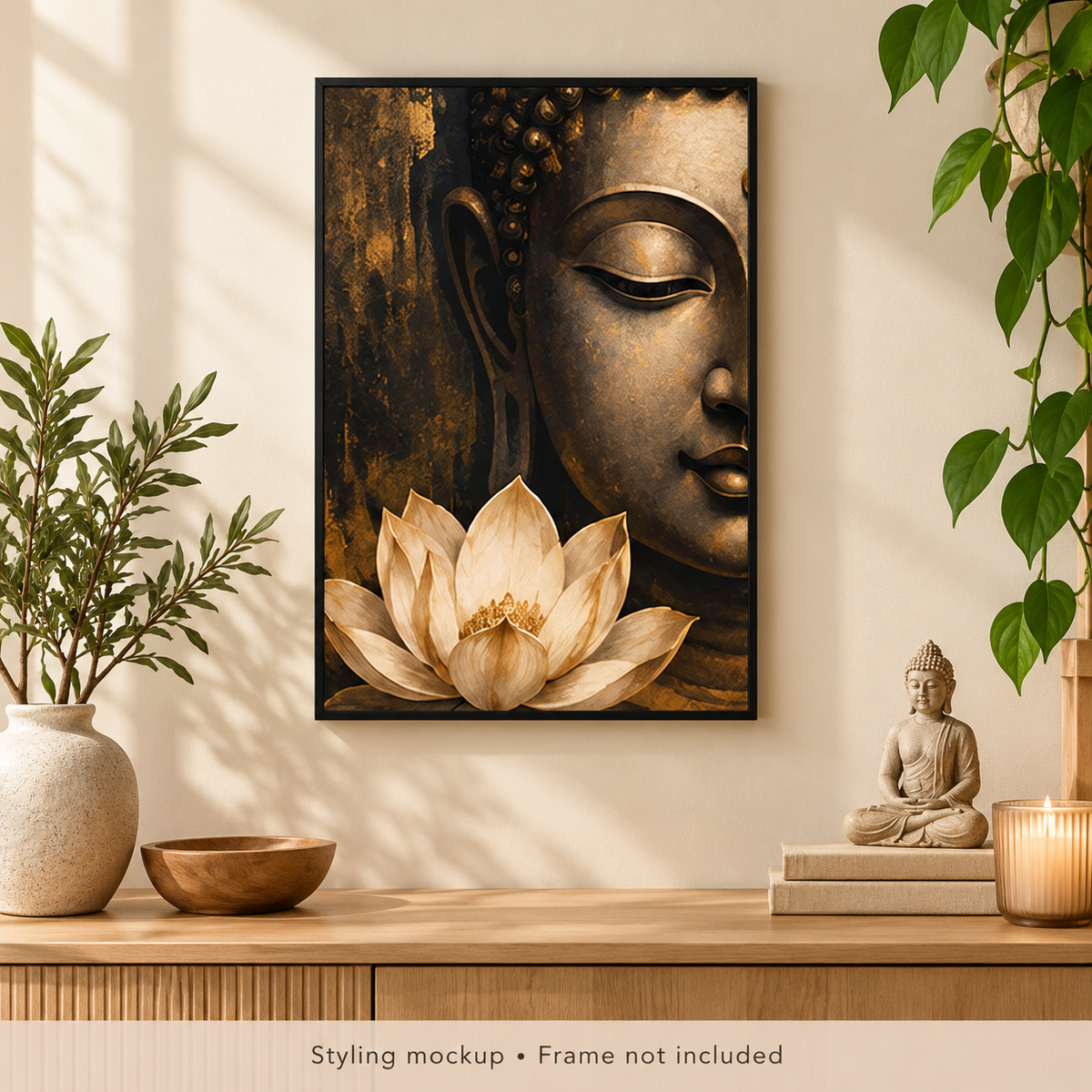 Buddha and lotus poster in a room styling mockup. Frame and props not included.