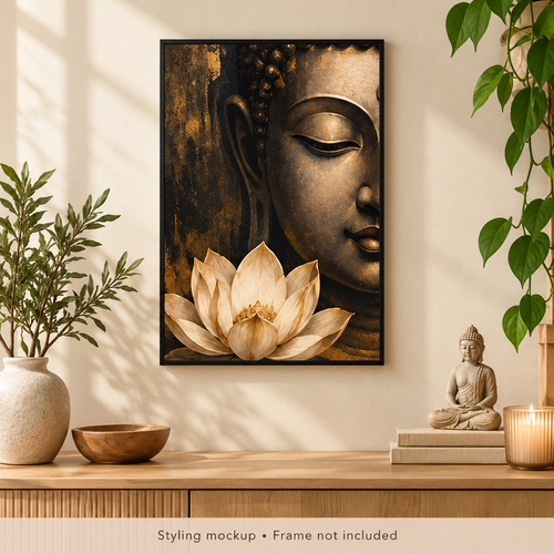 Buddha and lotus poster in a room styling mockup. Frame and props not included.