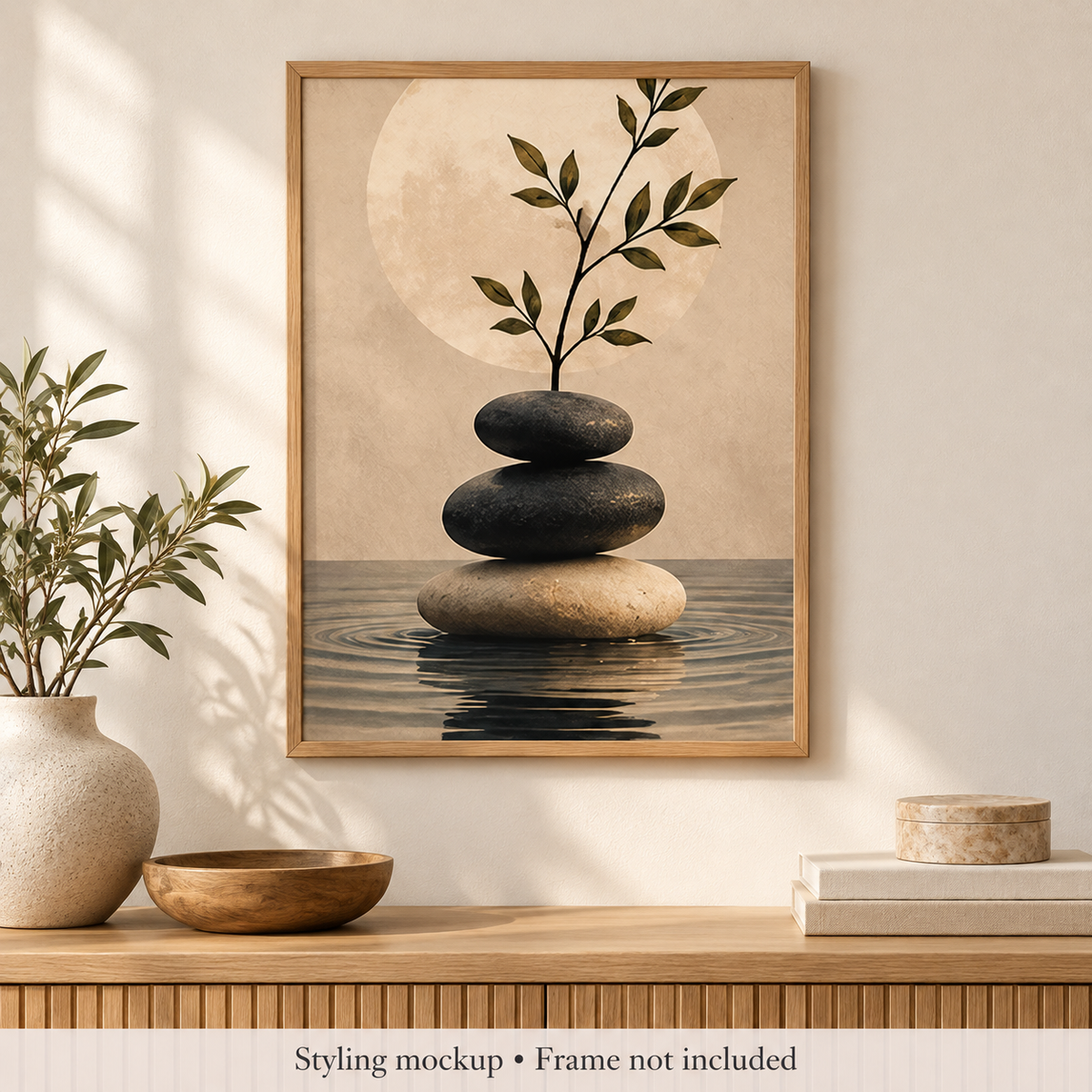 Zen Stones Balance Wall Art Poster room styling mockup; frame and accessories not included.
